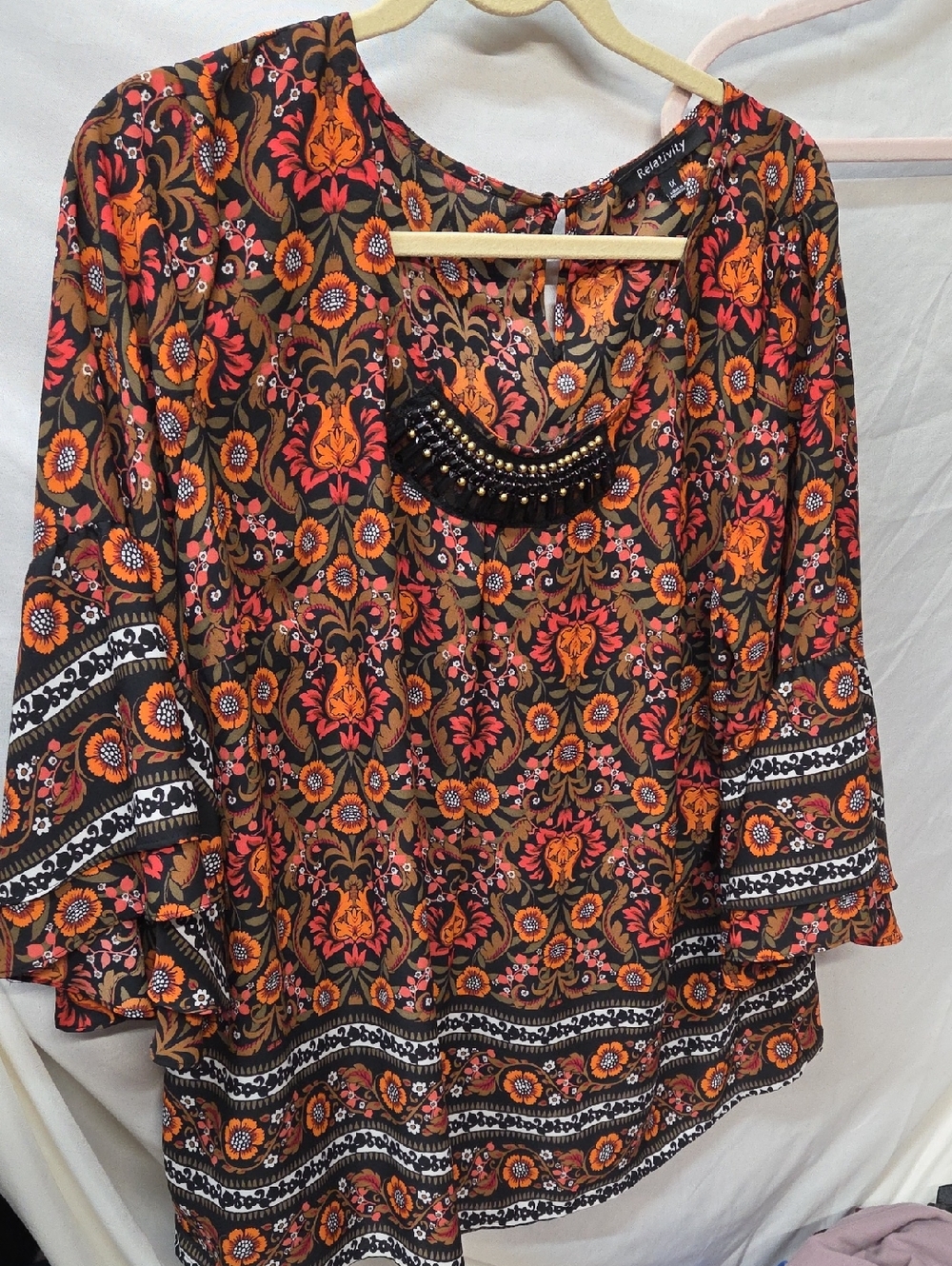 Relativity Black Floral Boho Tunic with Orange Accents 1X